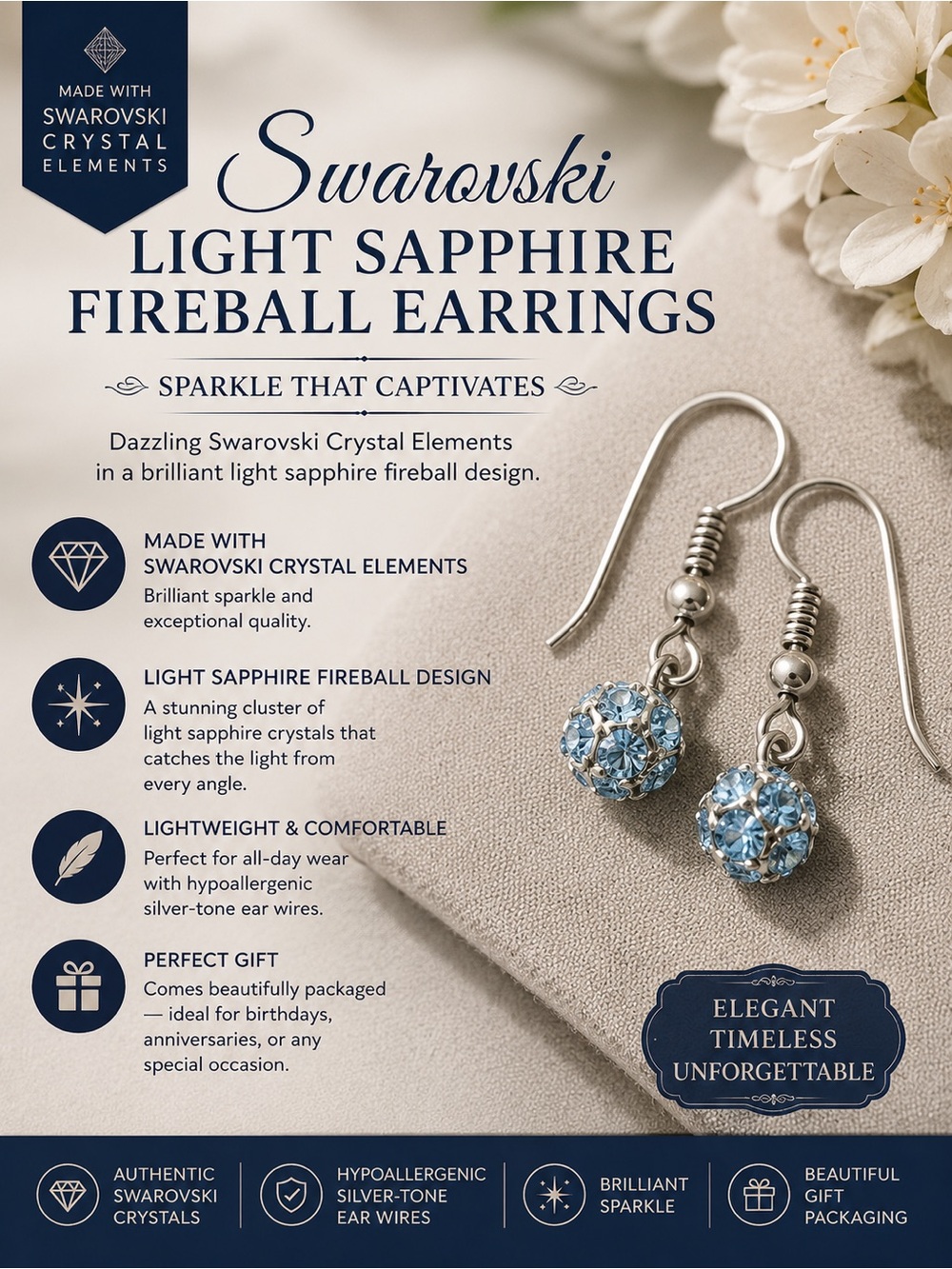 Light Sapphire Fireball Drop Earrings — Silver-Tone